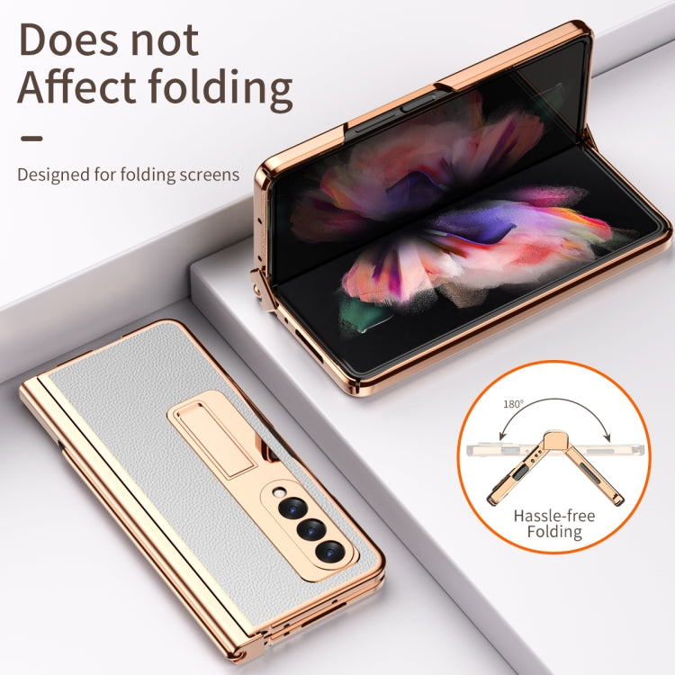 For Samsung Galaxy Z Fold3 5G Litchi Texture Leather Hinged Electroplated Phone Case with S Pen Fold Edition & Protective Film(White) - Galaxy Phone Cases by buy2fix | Online Shopping UK | buy2fix