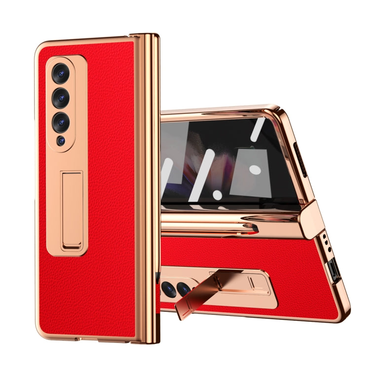 For Samsung Galaxy Z Fold3 5G Litchi Texture Leather Hinged Electroplated Phone Case with S Pen Fold Edition & Protective Film(Red) - Galaxy Phone Cases by buy2fix | Online Shopping UK | buy2fix