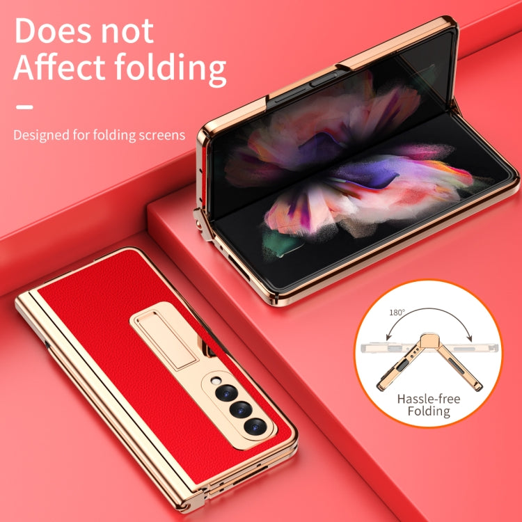 For Samsung Galaxy Z Fold3 5G Litchi Texture Leather Hinged Electroplated Phone Case with S Pen Fold Edition & Protective Film(Red) - Galaxy Phone Cases by buy2fix | Online Shopping UK | buy2fix