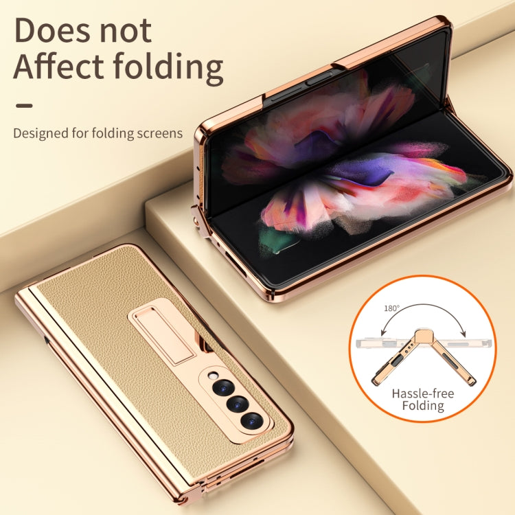 For Samsung Galaxy Z Fold3 5G Litchi Texture Leather Hinged Electroplated Phone Case with S Pen Fold Edition & Protective Film(Gold) - Galaxy Phone Cases by buy2fix | Online Shopping UK | buy2fix