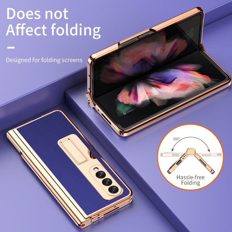 For Samsung Galaxy Z Fold3 5G Litchi Texture Leather Hinged Electroplated Phone Case with S Pen Fold Edition & Protective Film(Blue) - Galaxy Phone Cases by buy2fix | Online Shopping UK | buy2fix