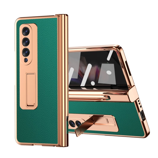 For Samsung Galaxy Z Fold3 5G Litchi Texture Leather Hinged Electroplated Phone Case with S Pen Fold Edition & Protective Film(Green) - Galaxy Phone Cases by buy2fix | Online Shopping UK | buy2fix