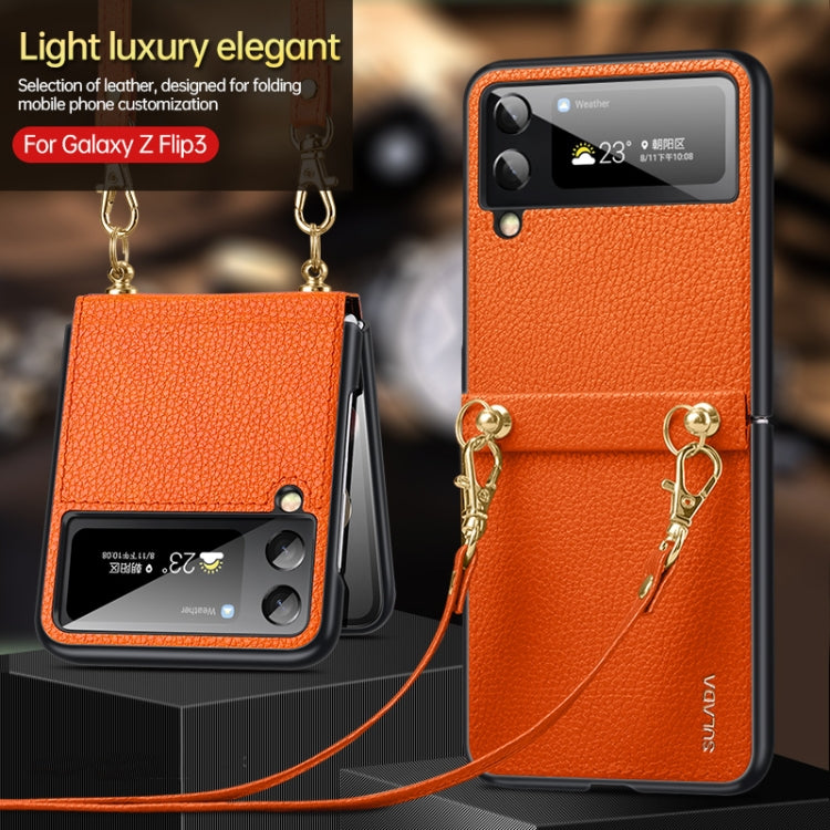 For Samsung Galaxy Z Flip3 5G SULADA Litchi Texture Leather + TPU Phone Case with Strap(Black) - Galaxy Phone Cases by SULADA | Online Shopping UK | buy2fix