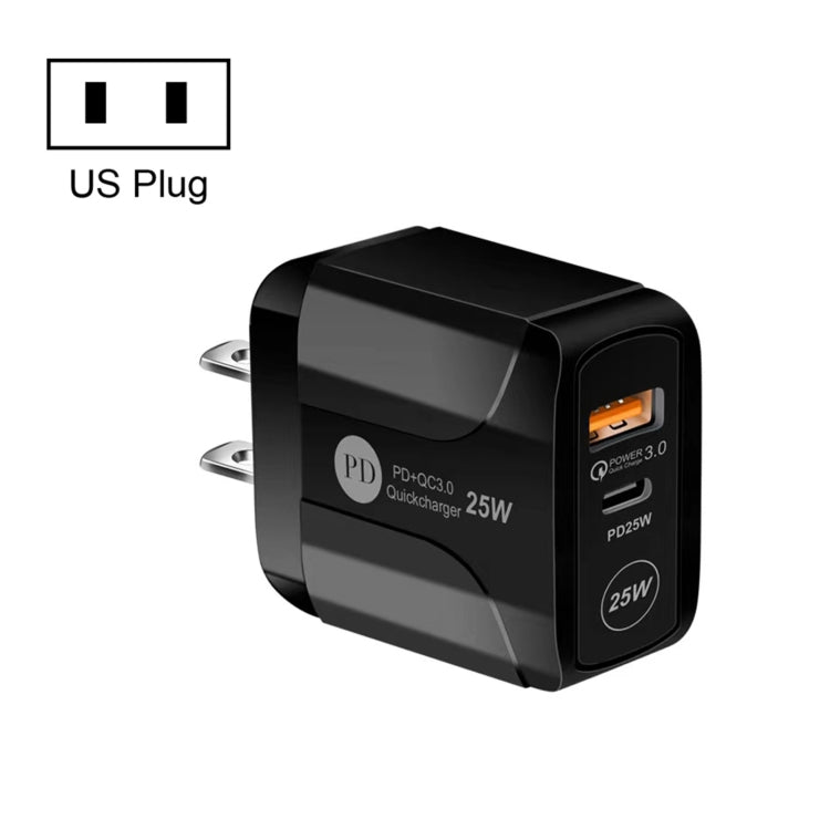 25W PD Type-C + QC3.0 USB Ports Travel Charger, Plug Type:US Plug(Black) - Mobile Accessories by buy2fix | Online Shopping UK | buy2fix