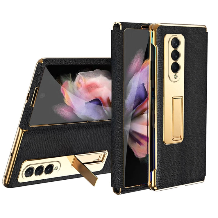 For Samsung Galaxy Z Fold3 5G Cross Texture Integrated Electroplating Hinge Flip Phone Case with Tempered Film(Black) - Galaxy Phone Cases by buy2fix | Online Shopping UK | buy2fix