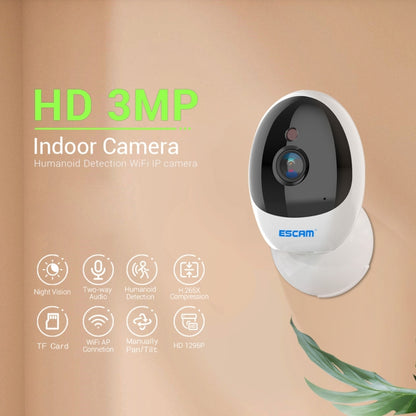 ESCAM QF006 3MP 1296P HD Indoor Wireless PTZ IP Camera IR Night Vision AI Humanoid Detection Home Security CCTV Monitor, Plug Type:AU Plug(White) - Mini Camera by ESCAM | Online Shopping UK | buy2fix