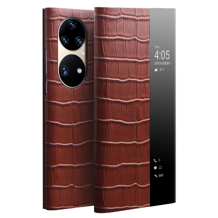 For Huawei P50 Pro QIALINO Crocodile Pattern Side Window View Genuine Leather Phone Case(Brown) - Huawei Cases by QIALINO | Online Shopping UK | buy2fix