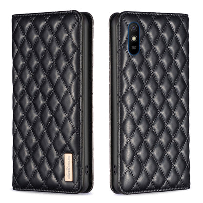 For Xiaomi Redmi 9A Diamond Lattice Magnetic Leather Flip Phone Case(Black) - Xiaomi Cases by buy2fix | Online Shopping UK | buy2fix