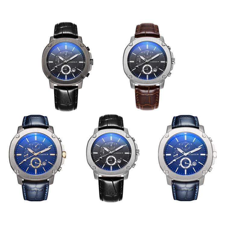 Ochstin 5039C Multifunctional Business Men Watch Luminous Waterproof Leather Quartz Watch(Silver+Silver+Blue) - Leather Strap Watches by OCHSTIN | Online Shopping UK | buy2fix