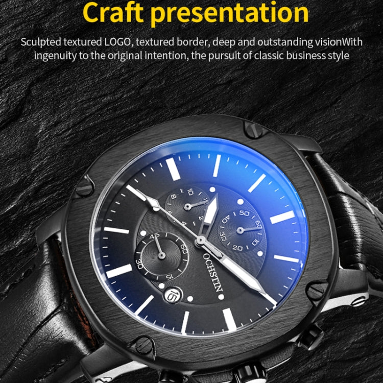 Ochstin 5039C Multifunctional Business Men Watch Luminous Waterproof Leather Quartz Watch(Silver+Silver+Blue) - Leather Strap Watches by OCHSTIN | Online Shopping UK | buy2fix