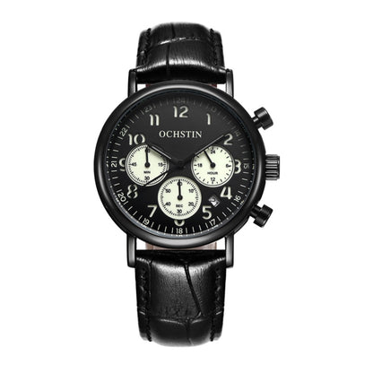 Ochstin 5081A Multifunctional Luminous Waterproof Leather Strap Quartz Watch(Black+Black+Black) - Leather Strap Watches by OCHSTIN | Online Shopping UK | buy2fix