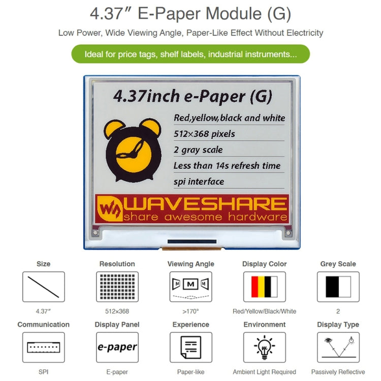 Waveshare 4.37 inch 512×368 E-Paper Module - Consumer Electronics by WAVESHARE | Online Shopping UK | buy2fix