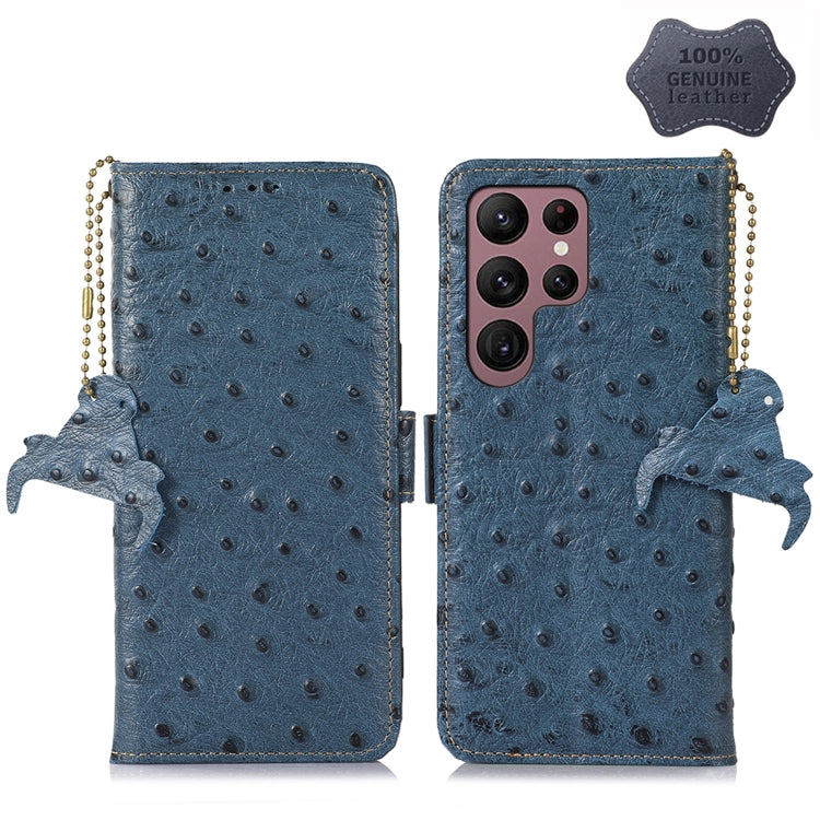 For Samsung Galaxy S22 Ultra 5G Ostrich Pattern Genuine Leather RFID Phone Case(Blue) - Galaxy S22 Ultra 5G Cases by buy2fix | Online Shopping UK | buy2fix