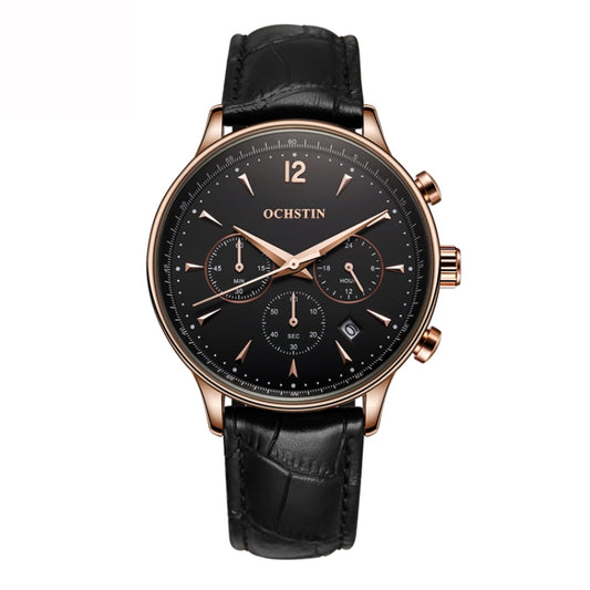 Ochstin 6050A Multifunctional Quartz Men Leather Watch(Rose Gold+Black) - Leather Strap Watches by OCHSTIN | Online Shopping UK | buy2fix