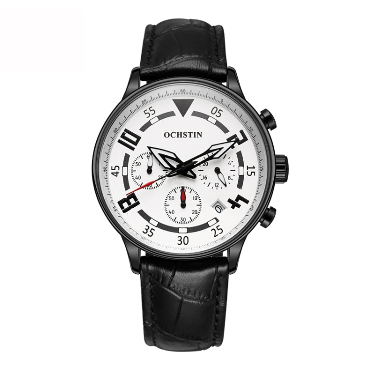 Ochstin 6050B Multifunctional Quartz Men Leather Watch(Black+White+Black) - Leather Strap Watches by OCHSTIN | Online Shopping UK | buy2fix