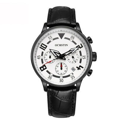 Ochstin 6050B Multifunctional Quartz Men Leather Watch(Black+White+Black) - Leather Strap Watches by OCHSTIN | Online Shopping UK | buy2fix