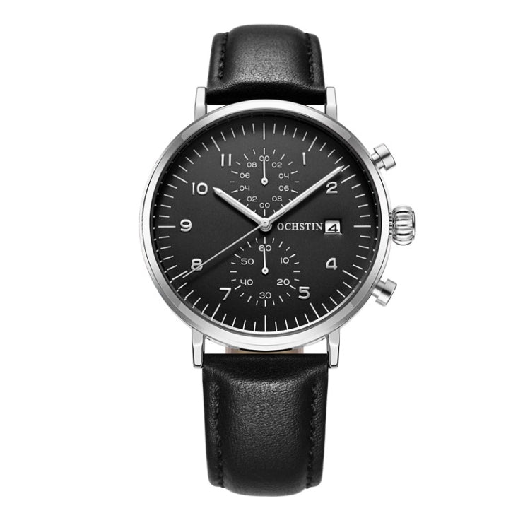 OCHSTIN 6076C Multifunctional Quartz Waterproof Men Leather Watch(Silver+Black) - Leather Strap Watches by OCHSTIN | Online Shopping UK | buy2fix