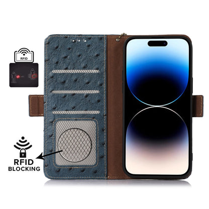 For Samsung Galaxy A34 5G Ostrich Pattern Genuine Leather RFID Phone Case(Blue) - Galaxy Phone Cases by buy2fix | Online Shopping UK | buy2fix