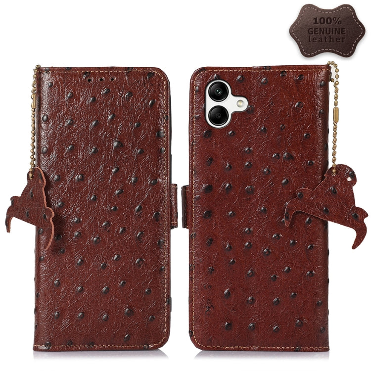 For Samsung Galaxy A04 4G Ostrich Pattern Genuine Leather RFID Phone Case(Coffee) - Galaxy Phone Cases by buy2fix | Online Shopping UK | buy2fix