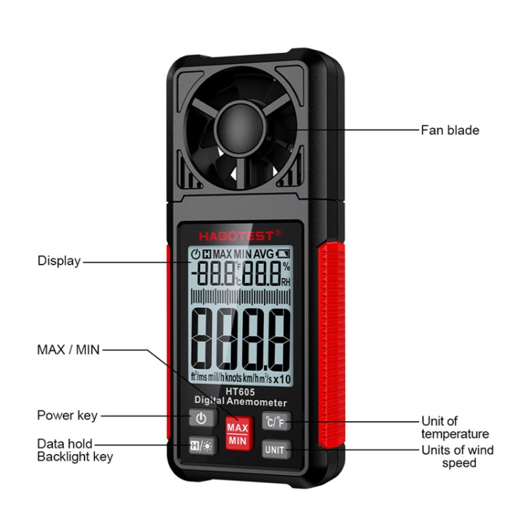 HABOTEST HT605 Portable Intelligent Digital Display Handheld Wind Speed Tester - Consumer Electronics by buy2fix | Online Shopping UK | buy2fix