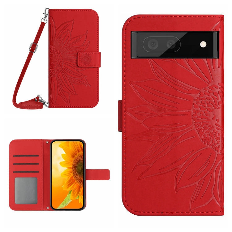 For Google Pixel 7A Skin Feel Sun Flower Pattern Flip Leather Phone Case with Lanyard(Red) - Google Cases by buy2fix | Online Shopping UK | buy2fix