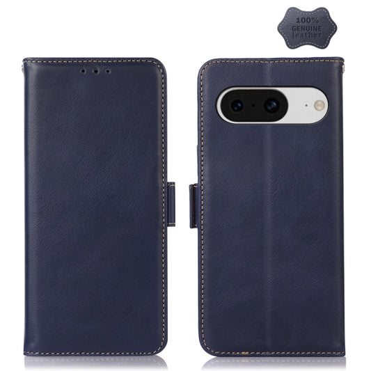 For Google Pixel 8 Crazy Horse Top Layer Cowhide Leather Phone Case(Blue) - Google Cases by buy2fix | Online Shopping UK | buy2fix