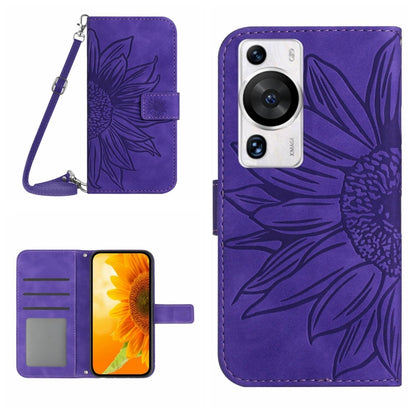 For Huawei P60 Pro Skin Feel Sun Flower Embossed Flip Leather Phone Case with Lanyard(Dark Purple) - Huawei Cases by buy2fix | Online Shopping UK | buy2fix