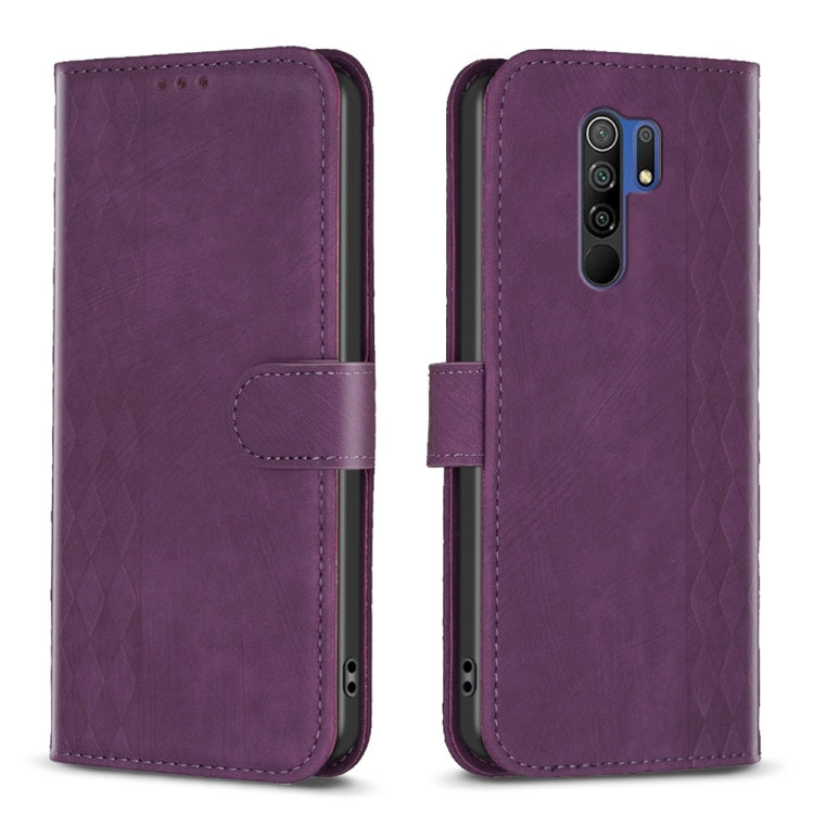 For Xiaomi Redmi 9 Plaid Embossed Leather Phone Case(Purple) - Xiaomi Cases by buy2fix | Online Shopping UK | buy2fix