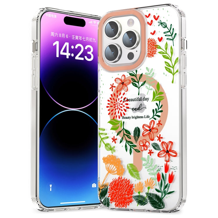 For iPhone 12 Pro Max MagSafe Magnetic TPU Phone Case(Red Flowers and Green Leaves) - iPhone 12 Pro Max Cases by buy2fix | Online Shopping UK | buy2fix