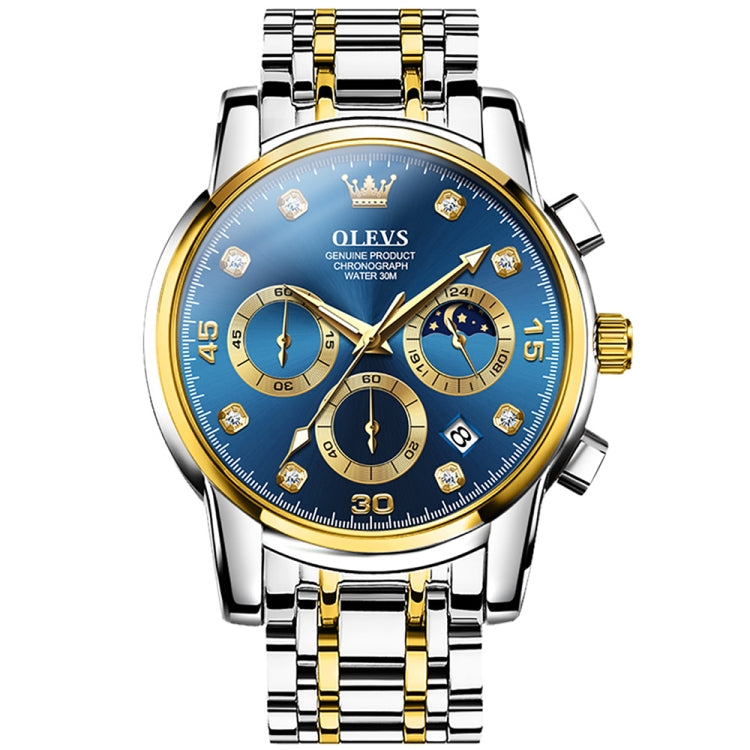 OLEVS 2889 Men Multifunctional Luminous Waterproof Quartz Watch(Blue + Gold) - Metal Strap Watches by OLEVS | Online Shopping UK | buy2fix