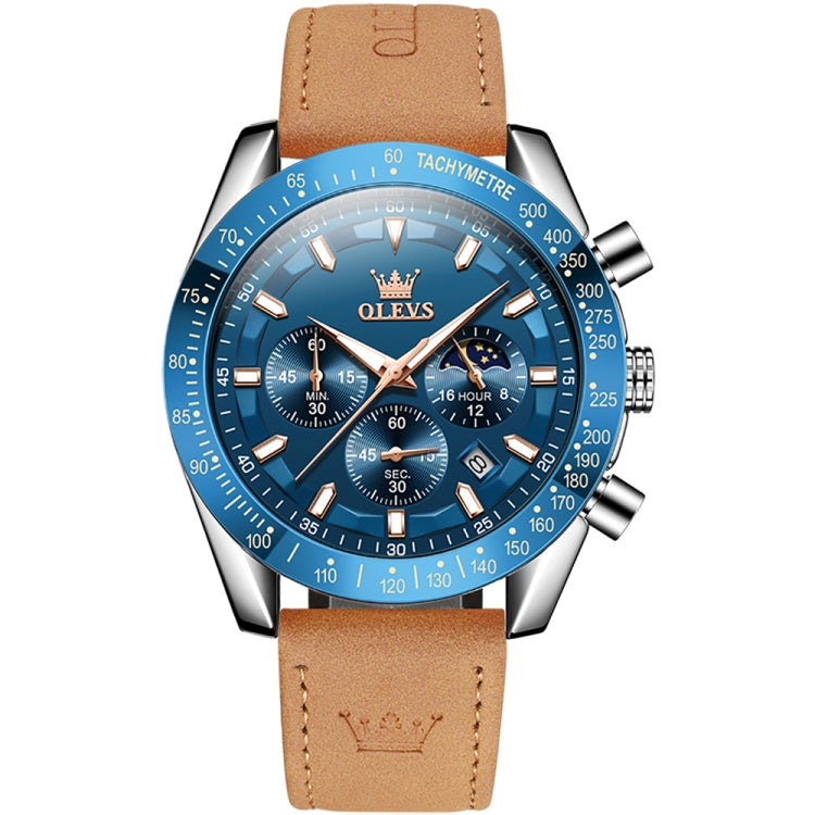 OLEVS 9957 Men Luminous Waterproof Leather Strap Quartz Watch(Blue) - Leather Strap Watches by OLEVS | Online Shopping UK | buy2fix