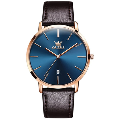 OLEVS 5869 Men Business Waterproof Genuine Leather Strap Quartz Watch(Blue + Rose Gold) - Leather Strap Watches by OLEVS | Online Shopping UK | buy2fix