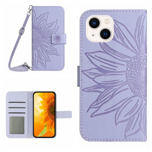 For iPhone 15 Skin Feel Sun Flower Embossed Flip Leather Phone Case with Lanyard(Purple) - iPhone 15 Cases by buy2fix | Online Shopping UK | buy2fix