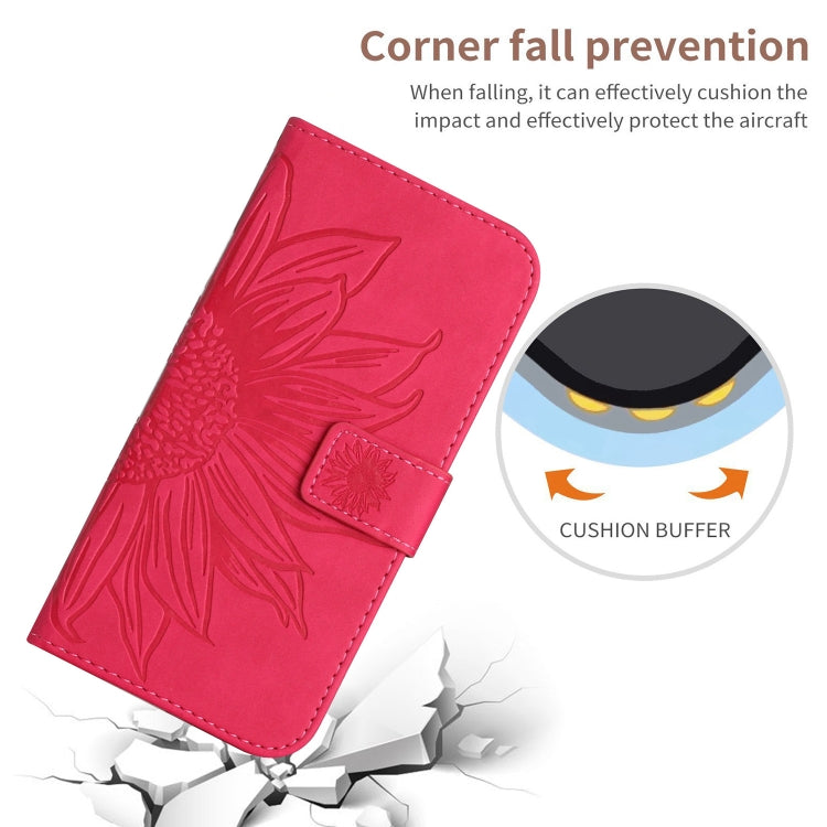 For iPhone 15 Skin Feel Sun Flower Embossed Flip Leather Phone Case with Lanyard(Rose Red) - iPhone 15 Cases by buy2fix | Online Shopping UK | buy2fix