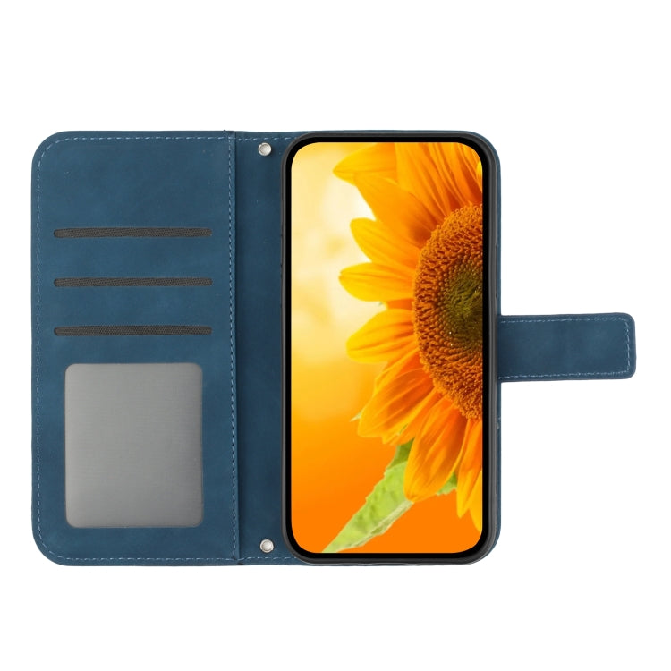 For iPhone 15 Plus Skin Feel Sun Flower Embossed Flip Leather Phone Case with Lanyard(Inky Blue) - iPhone 15 Plus Cases by buy2fix | Online Shopping UK | buy2fix