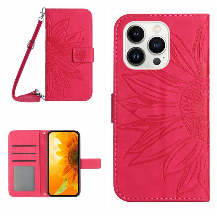 For iPhone 15 Pro Skin Feel Sun Flower Embossed Flip Leather Phone Case with Lanyard(Rose Red) - iPhone 15 Pro Cases by buy2fix | Online Shopping UK | buy2fix