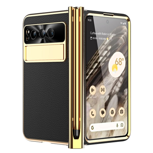 For Google Pixel Fold Litchi Pattern Electroplating Pen Slot Folding Phone Case with Stylus(Black) - Google Cases by buy2fix | Online Shopping UK | buy2fix