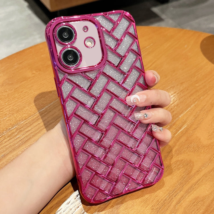 For iPhone 12 Woven Grid 3D Electroplating Laser Engraving Glitter Paper Phone Case(Rose Red) - iPhone 12 / 12 Pro Cases by buy2fix | Online Shopping UK | buy2fix