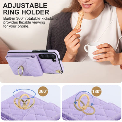 For Samsung Galaxy S23+ 5G Rhombic Texture Card Bag Phone Case with Long Lanyard(Light Purple) - Galaxy S23+ 5G Cases by buy2fix | Online Shopping UK | buy2fix