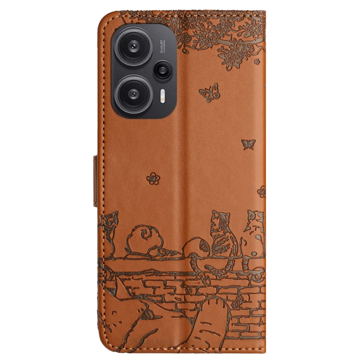 For Xiaomi Poco F5 Cat Embossing Pattern Leather Phone Case with Lanyard(Brown) - Xiaomi Cases by buy2fix | Online Shopping UK | buy2fix