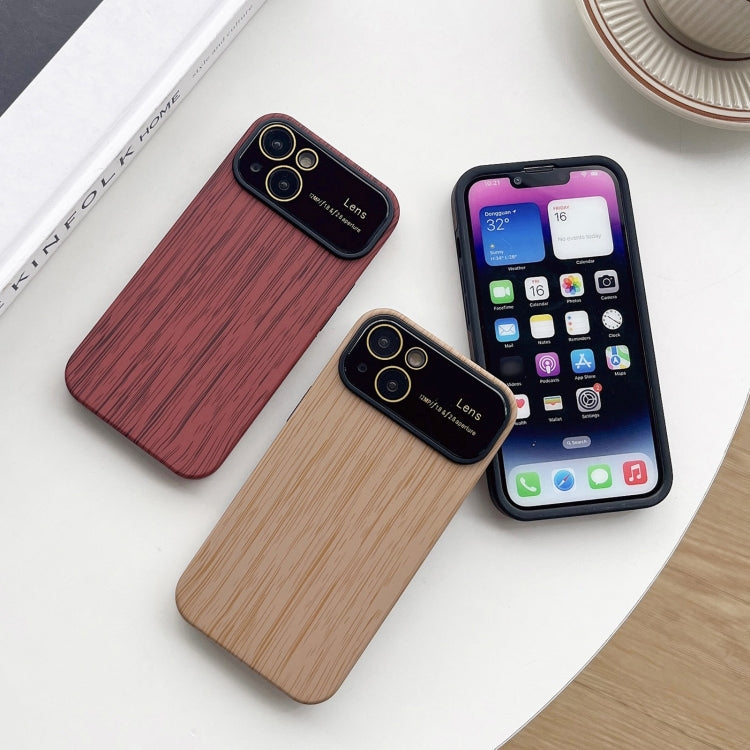 For iPhone 14 Wood Grain TPU Phone Case with Lens Film(Beige) - iPhone 14 Cases by buy2fix | Online Shopping UK | buy2fix