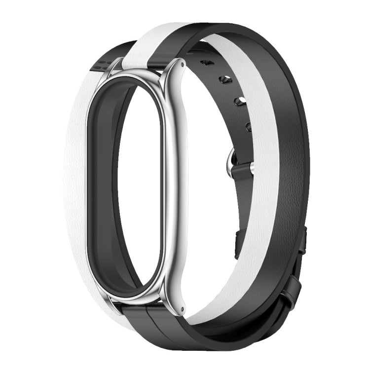 For Xiaomi Mi Band 7 Mijobs Plus Case Double-Loop Leather Watch Band(Black+White+Silver) - Watch Bands by MIJOBS | Online Shopping UK | buy2fix