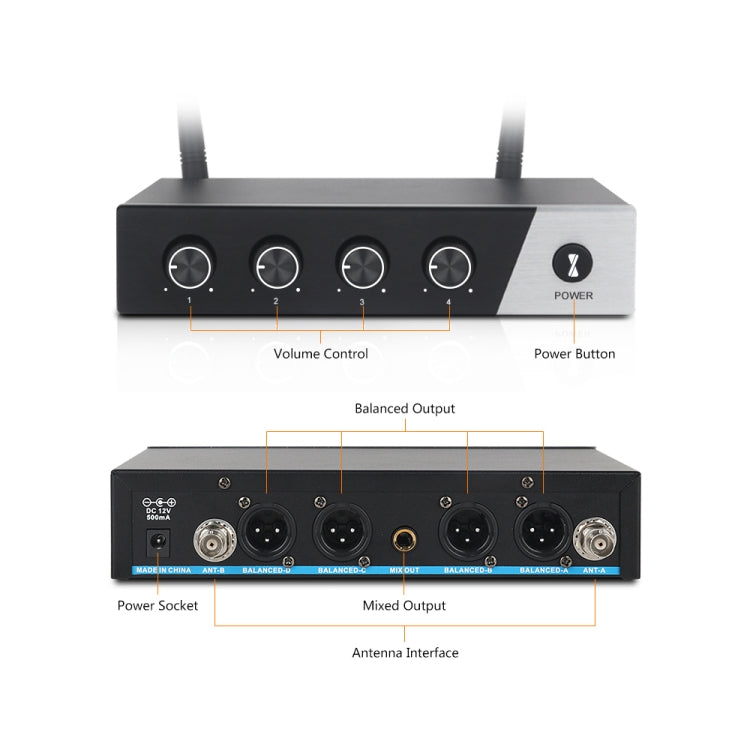 XTUGA S400 Professional 4-Channel UHF Wireless Microphone System with 4 Handheld Microphone(US Plug) - Microphone by XTUGA | Online Shopping UK | buy2fix