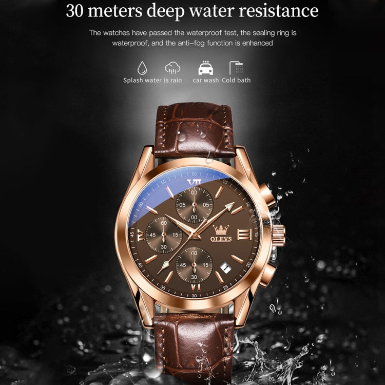 OLEVS 2872 Men Three Eyes Six Needles Chronograph Waterproof Quartz Watch(Coffee + Rose Gold) - Leather Strap Watches by OLEVS | Online Shopping UK | buy2fix