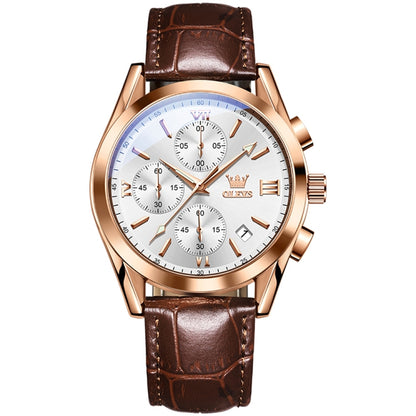 OLEVS 2872 Men Three Eyes Six Needles Chronograph Waterproof Quartz Watch(White + Rose Gold) - Leather Strap Watches by OLEVS | Online Shopping UK | buy2fix