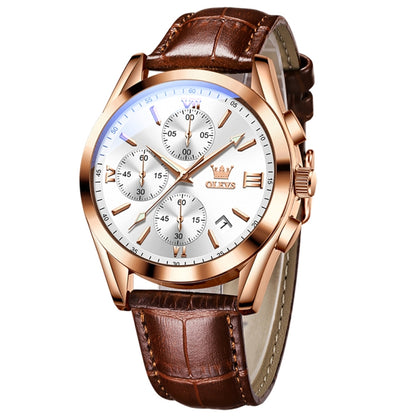 OLEVS 2872 Men Three Eyes Six Needles Chronograph Waterproof Quartz Watch(White + Rose Gold) - Leather Strap Watches by OLEVS | Online Shopping UK | buy2fix