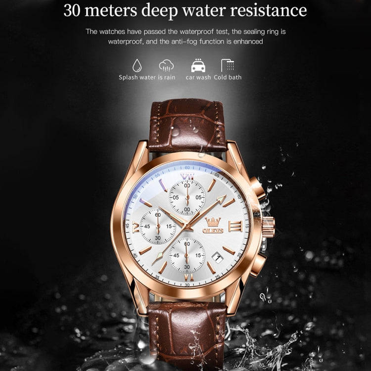 OLEVS 2872 Men Three Eyes Six Needles Chronograph Waterproof Quartz Watch(White + Rose Gold) - Leather Strap Watches by OLEVS | Online Shopping UK | buy2fix