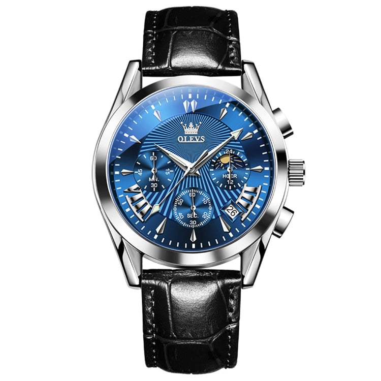 OLEVS 2876 Men Multifunctional Sports Chronograph Quartz Watch(Blue) - Leather Strap Watches by OLEVS | Online Shopping UK | buy2fix