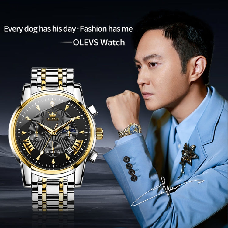 OLEVS 2892 Men Multifunctional Business Waterproof Quartz Watch(Black + Gold) - Metal Strap Watches by OLEVS | Online Shopping UK | buy2fix