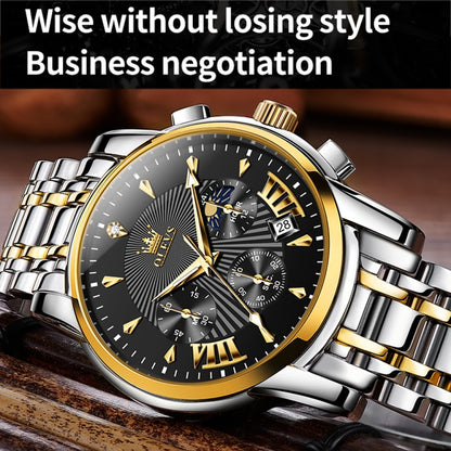 OLEVS 2892 Men Multifunctional Business Waterproof Quartz Watch(Black + Gold) - Metal Strap Watches by OLEVS | Online Shopping UK | buy2fix